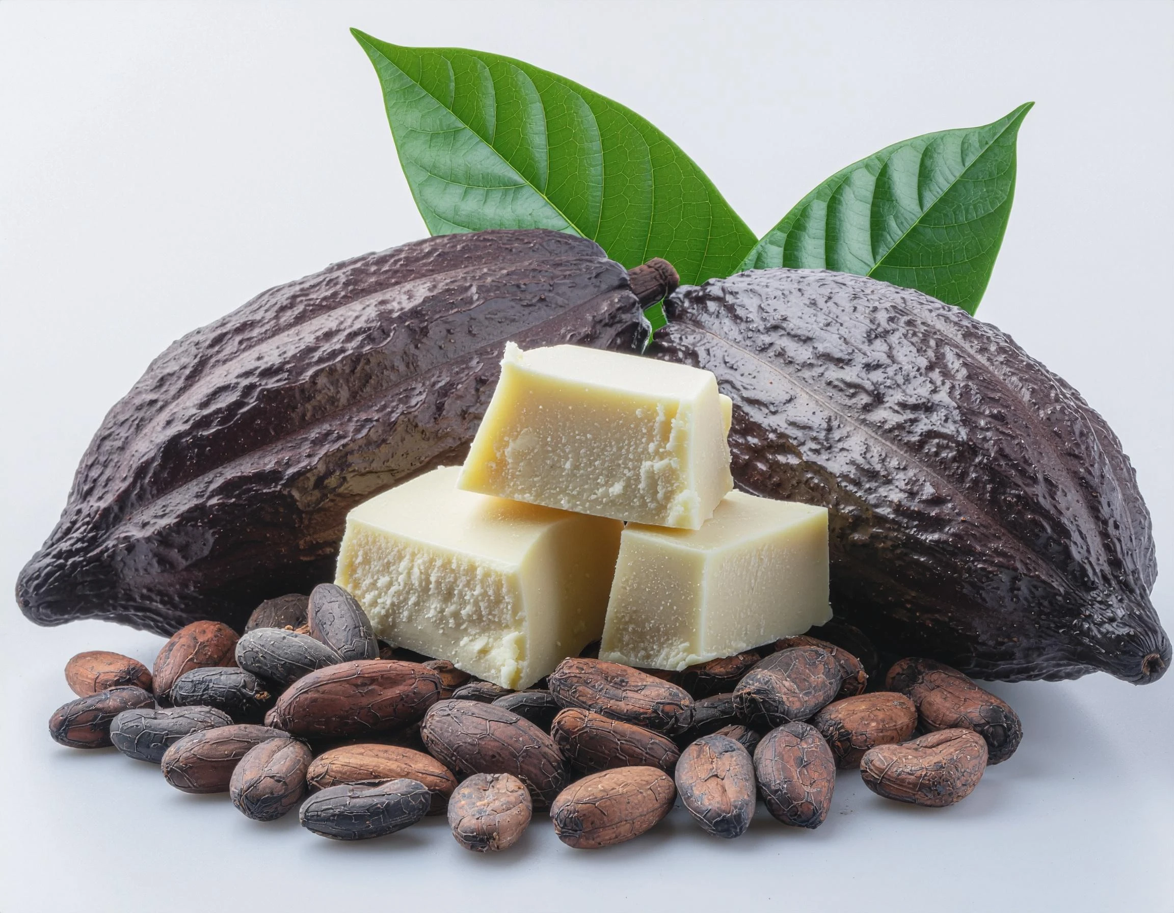 Ivory cocoa butter chunks with cacao pods and cocoa beans