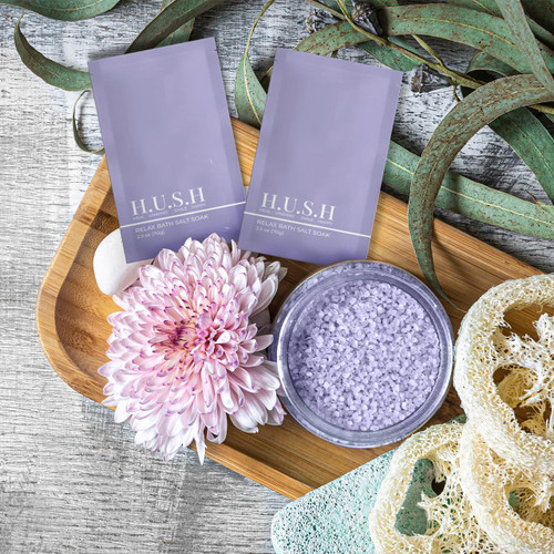 H.U.S.H. Lavender Relax Bath Salt Soak - Single-Use 70g Gram Packets – Bath Salt Soak (Additional Image) by Midwest Sea Salt Company