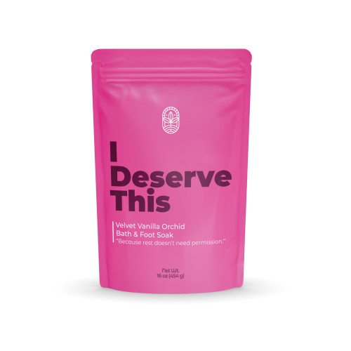 I Deserve This bath soak in bright pink stand-up pouch by Midwest Sea Salt Company