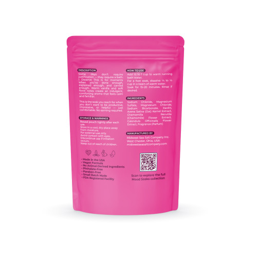 Back of I Deserve This bath soak pouch showing ingredients and product details