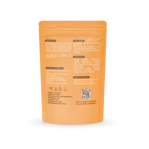 Back of Burnt Out, BRB bath soak pouch showing ingredients and product details