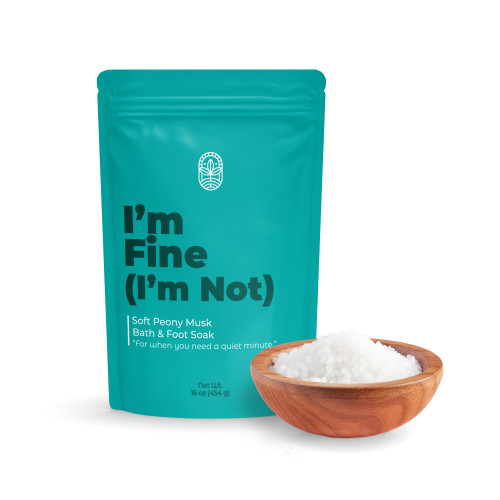 I’m Fine (I’m Not) bath soak pouch with bowl of mineral bath salts on white background