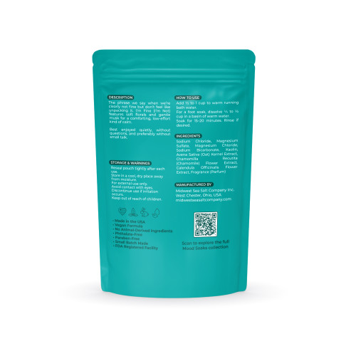 Back of I’m Fine (I’m Not) bath soak pouch showing ingredients and product details