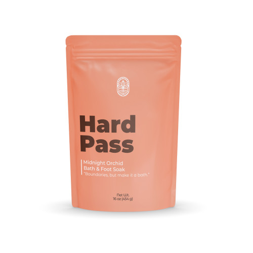 Hard Pass bath soak in coral stand-up pouch by Midwest Sea Salt Company