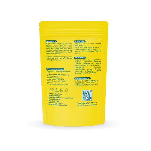 Back of Running Empty bath soak pouch showing ingredients and product details