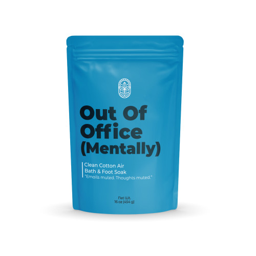 Out of Office bath soak in blue stand-up pouch by Midwest Sea Salt Company