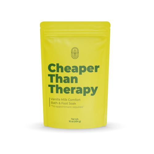 Cheaper Than Therapy bath soak in bright yellow stand-up pouch by Midwest Sea Salt Company