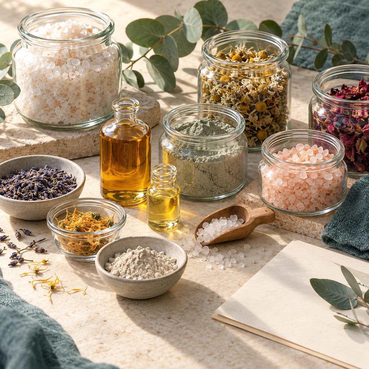 Sea salt, botanicals, clays, and oils selected for bath and body formulation