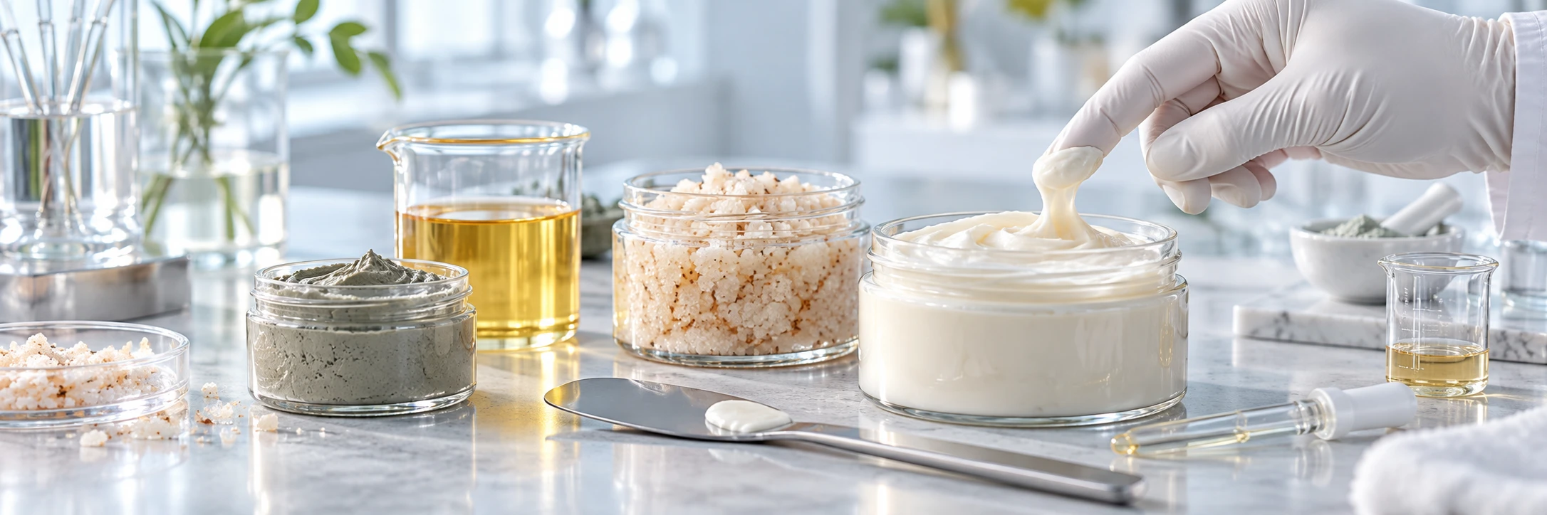 Private label bath and body formula samples being evaluated