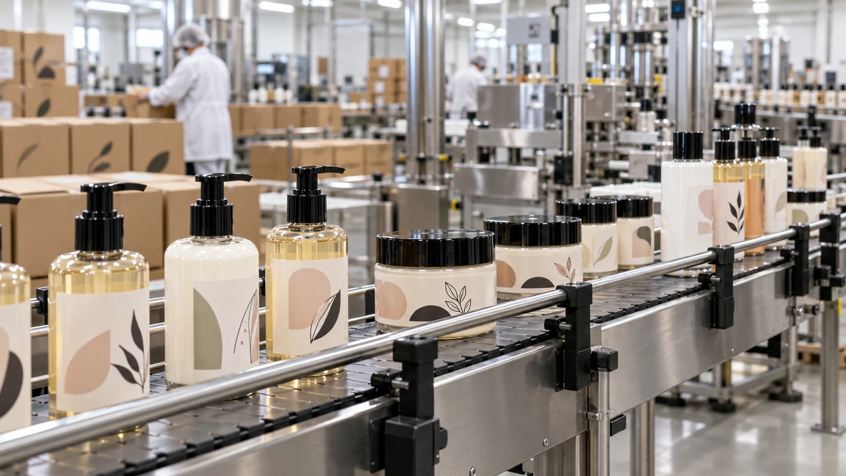 Finished bath and body products moving through a packaging line