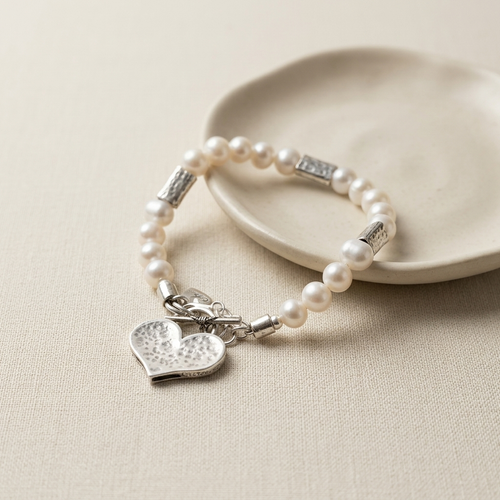 B00107 - PR - Freshwater Pearl & Heart Charm T-Bar Bracelet