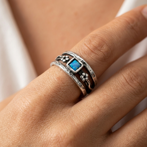 ASR662 - Aviv signature ring with square Opal and cute flowers on the side 