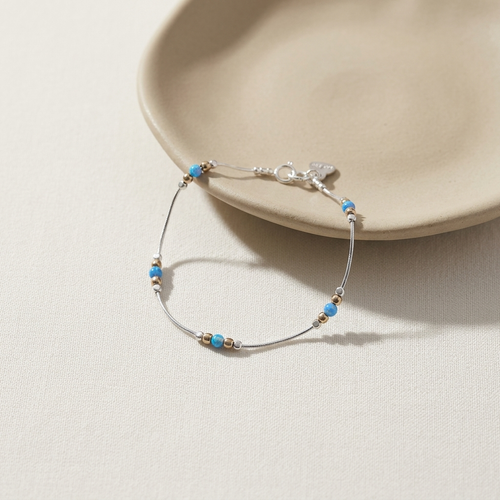B942 - OP - Blue Opal Bead Sterling Silver Bracelet