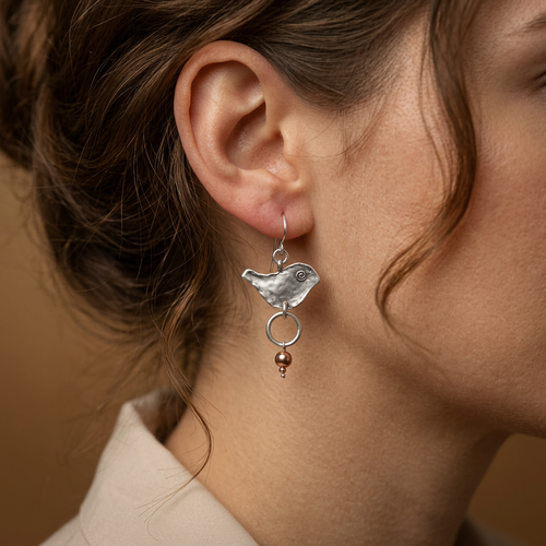 E03496 - G - Earrings hook with Large bird and gold bead