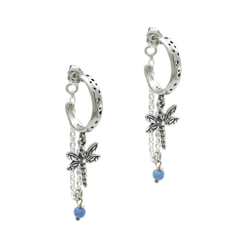 E04259 - Sterling Silver Hoop Earrings with dragonfly