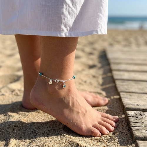 ASA0004 - TU - Anklet with green turquoise and cute flower charm