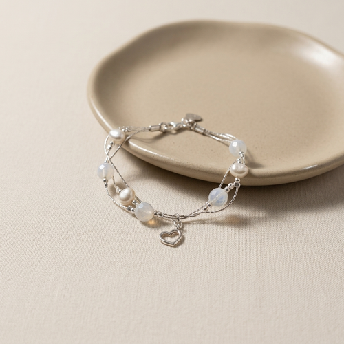 B00346-PR - Sterling Silver Opalite & Freshwater Pearl Heart Bracelet