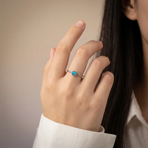 Dainty Blue Opal Heart Sterling Silver Ring (R11717-H)