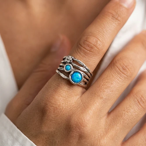 Sterling Silver Blue Opal & Flower Multi-Band Ring (R8285)