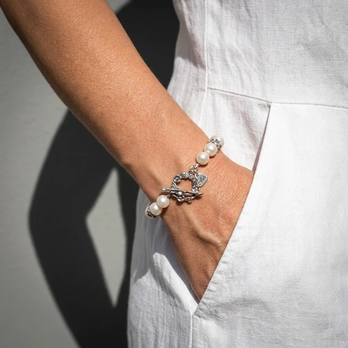 Freshwater Pearl & Ornate Silver T-Bar Bracelet (B6392)