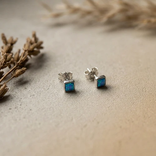 Blue Opal Square Stud Earrings – 925 Sterling Silver (E11731A)