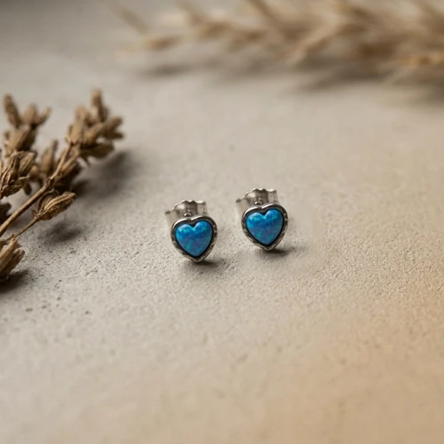 Small Blue Opal Heart Stud Earrings – 925 Sterling Silver (E4393)