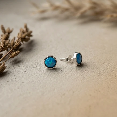 Large Blue Opal Oval Stud Earrings – 925 Sterling Silver (E7727)