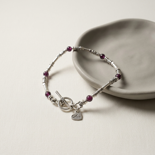 ASB213-GR - Red Garnet & Sterling Silver Bracelet – Handmade Gemstone T-Bar Bracelet