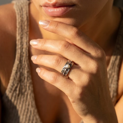 ASR598 - PR - Stacking ring set silver with Pearl