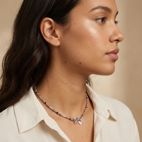 N04259 - GR - Garnet and Sterling Silver Beaded Necklace T-Bar