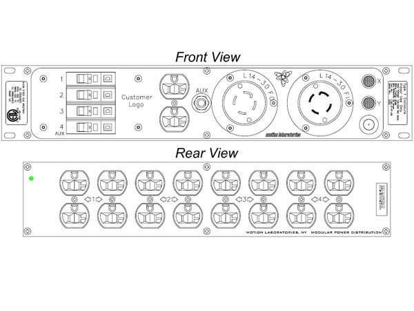 (1104-2-DD-050-0012)  Motion Labs Rac Pac 2RU, L14-30 In/Thru, 8 x 20A Edison Duplex (Brkrd @20A), Chassis Depth 5.5, ETL Listed