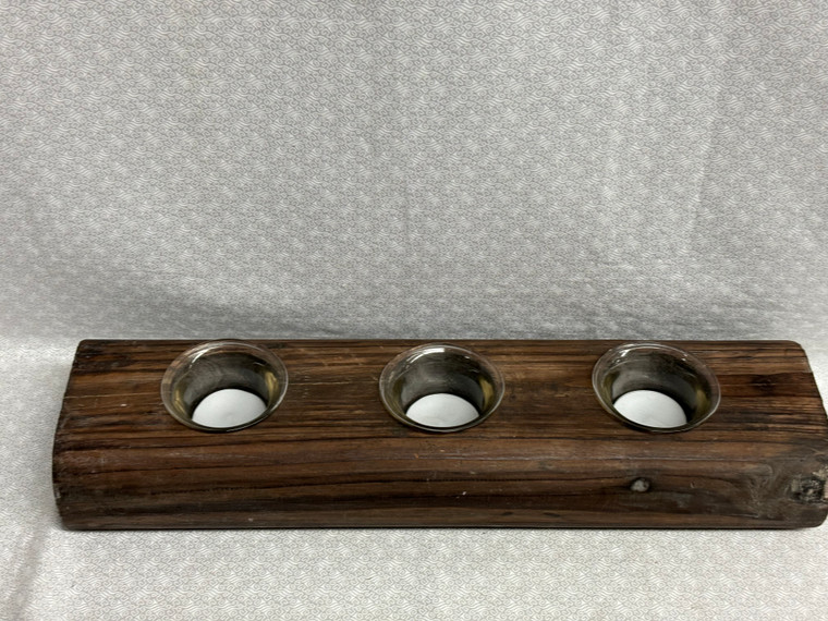 THREE TEA LIGHT WOODEN CANDLE HOLDER