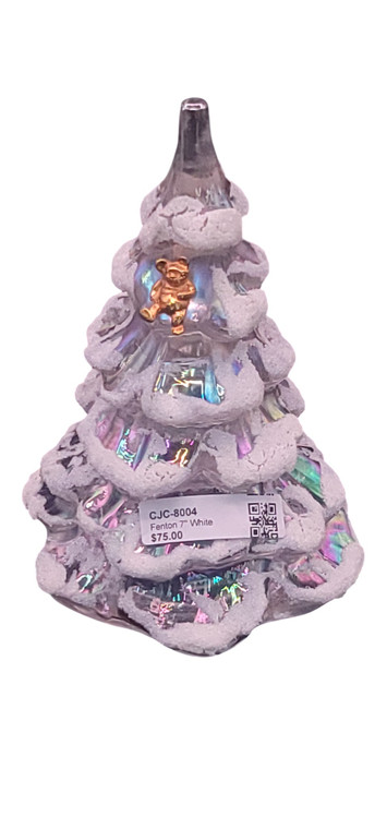FENTON 7 WHITE IRIDESCENT CHRISTMAS TREE WITH BEAR