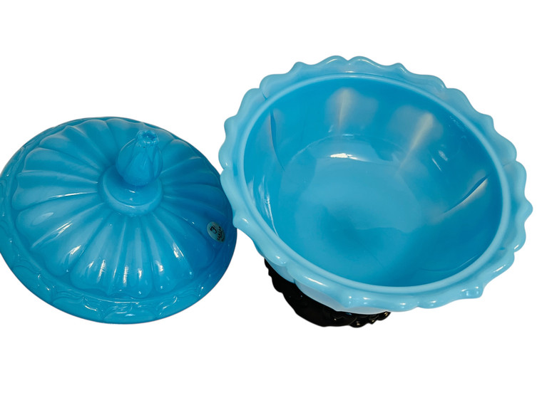 Fenton Perkin Peking Blue 3 Piece Ogee Covered Candy Dish on Stand