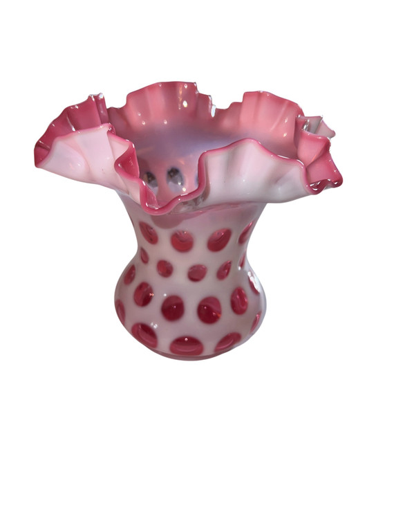Cranberry Opalscent Coin Dot Ruffle Vase