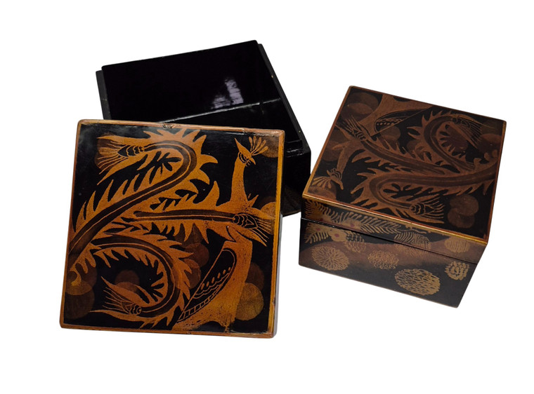 WOOD BOX SET (2) NESTING WITH STYLIZED PEACOCK VINTAGE