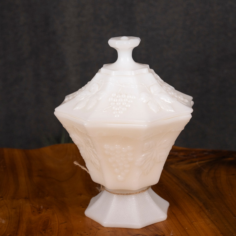 Grape Panel Milk Glass Octagon Candy Dish w Lid Morning Meadow