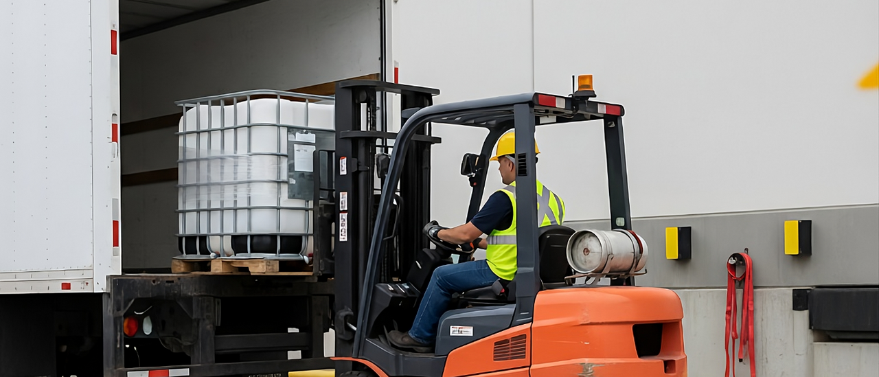 LTL carrier picking up palletized drums from shipping bay LTL carrier picking up palletized drums from shipping bay