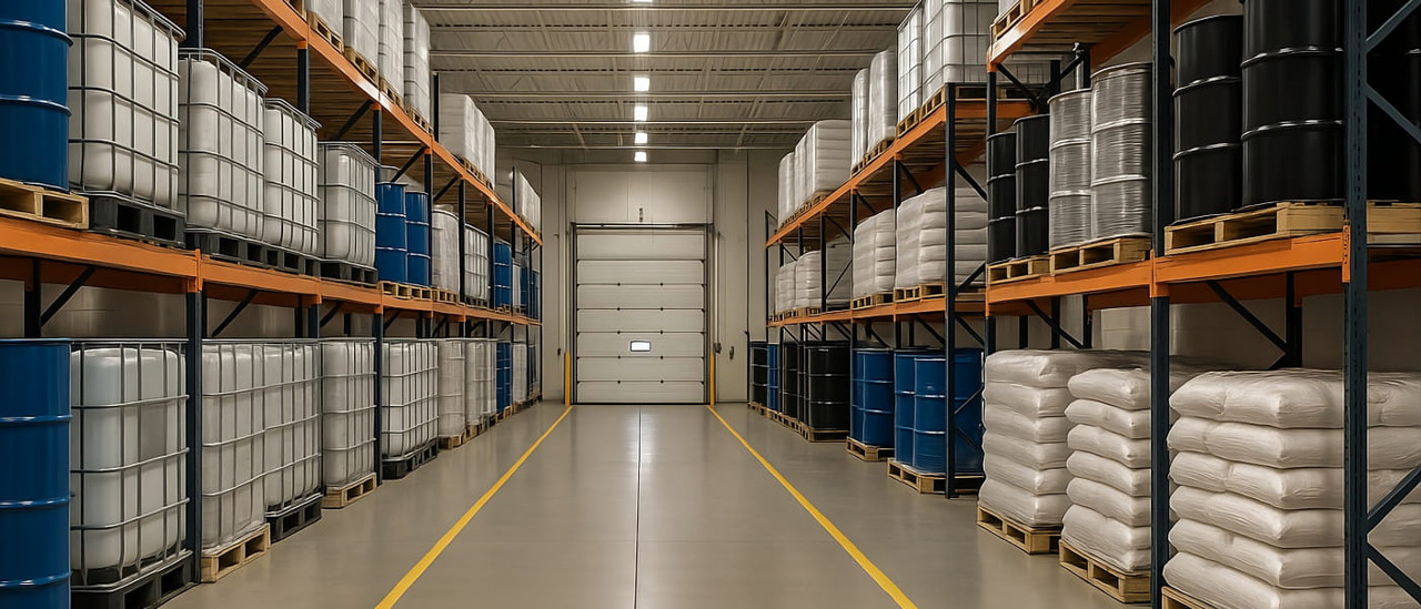 275-gallon IBC totes and 55-gallon drums staged for shipment — industrial chemicals