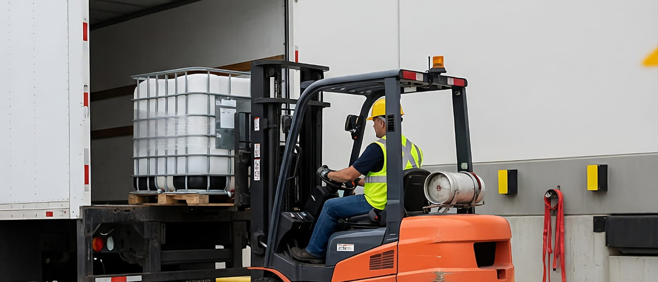 LTL carrier picking up palletized drums from shipping bay