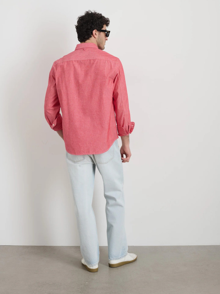 Alex Mill washed chambray Mill shirt in red.  Long sleeve in soft cotton.