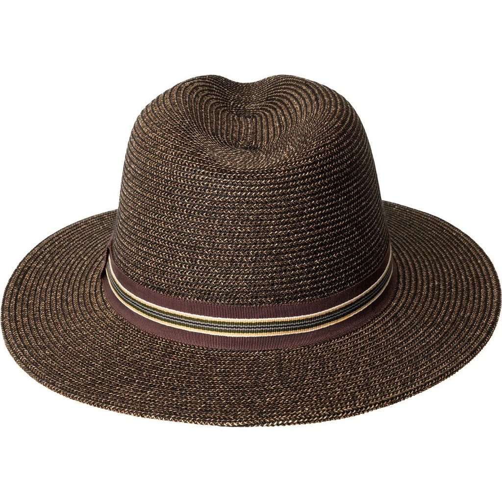 Bailey 1922 Hester Fedora in Chocolate: a braided straw summer hat with a 2 1/4 inch turn-down brim and striped grosgrain band.