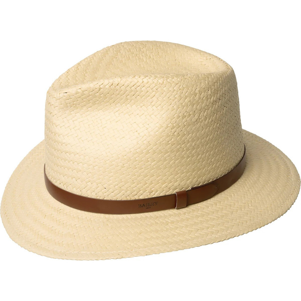 Bailey 1922 Azure Sun Fedora in Tan: a water-repellent paper straw hat with a low pinch crown and leather band.