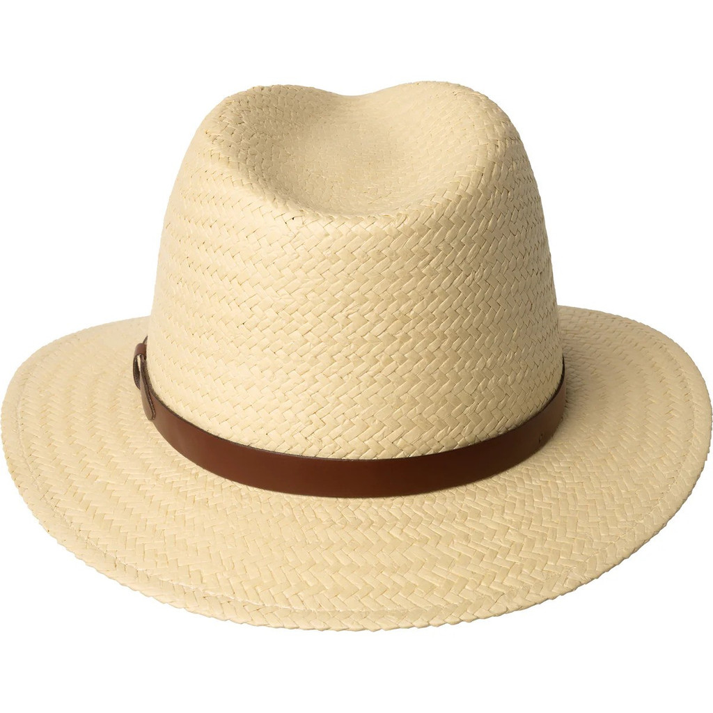 Bailey 1922 Azure Sun Fedora in Tan: a water-repellent paper straw hat with a low pinch crown and leather band.
