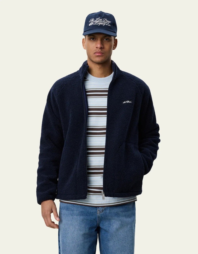 Les Deux Patch Teddy Jacket in navy with embroidered patches and zip front