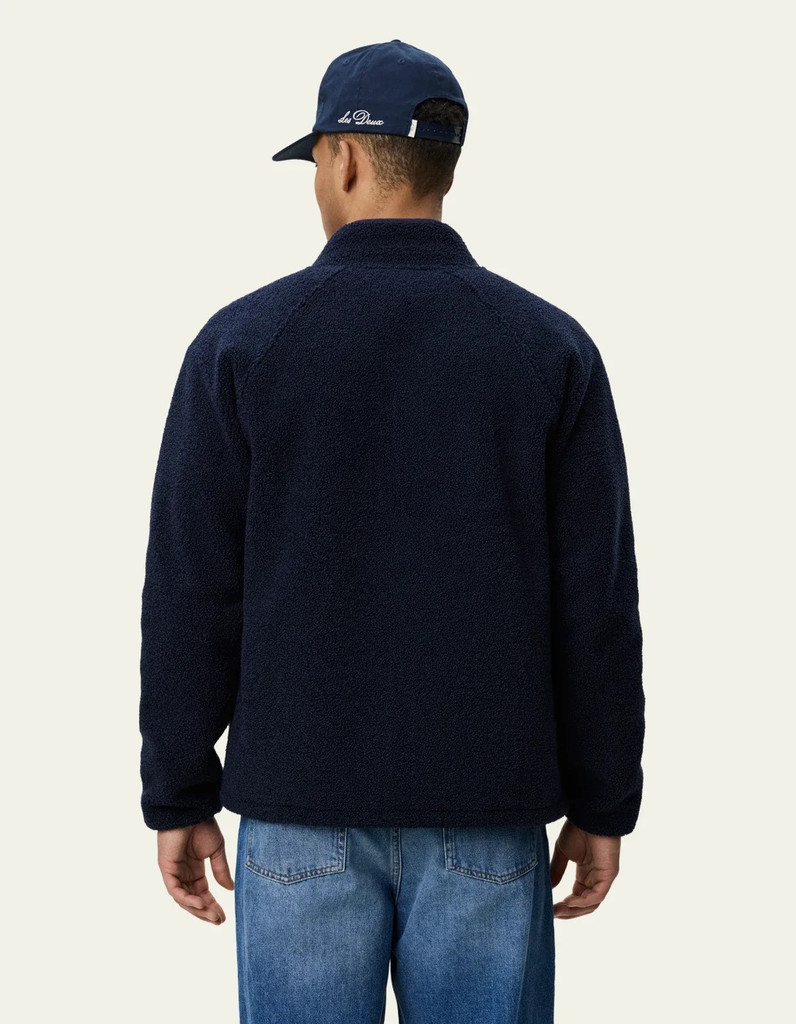 Les Deux Patch Teddy Jacket in navy with embroidered patches and zip front