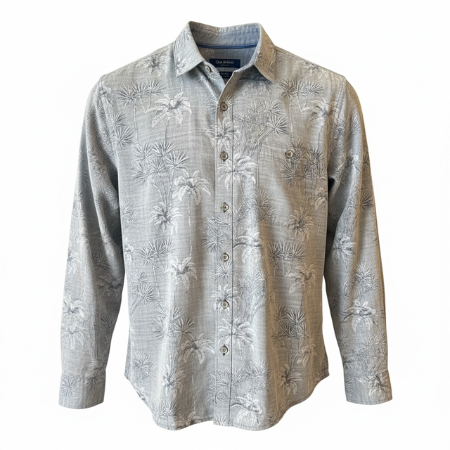 Front view of a Tommy Bahama Coastline Cord long-sleeve shirt in, featuring a classic collar and double button-through chest pockets.
