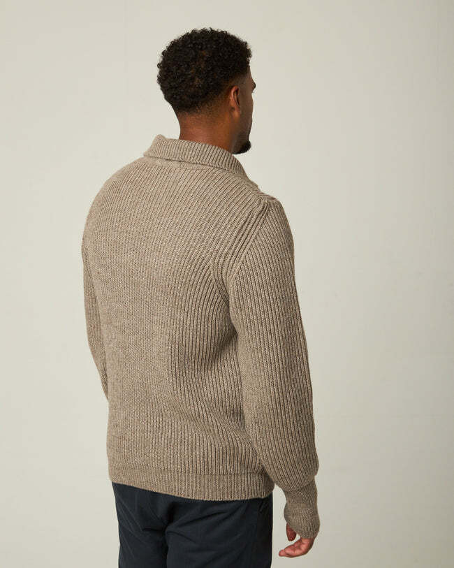 Peregrine Fisherman cardigan in British merino wool.