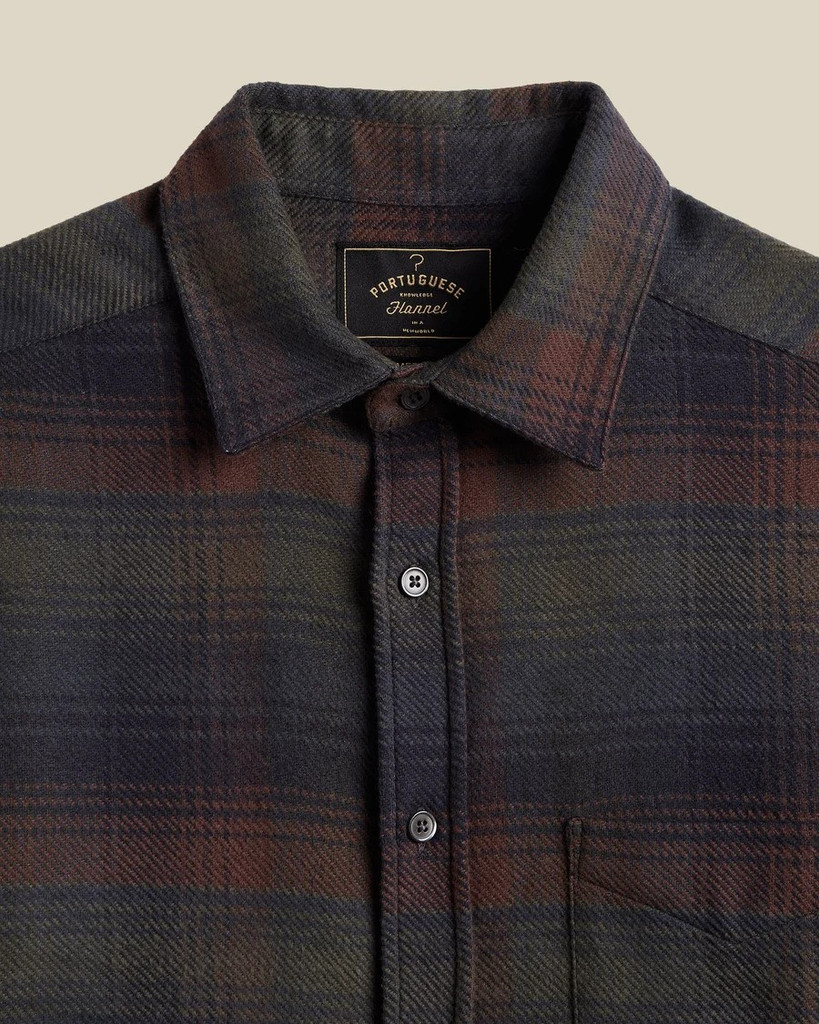 Portuguese Flannel Old Pine plaid flannel long sleeved shirt.