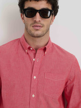 Alex Mill washed chambray Mill shirt in red.  Long sleeve in soft cotton.
